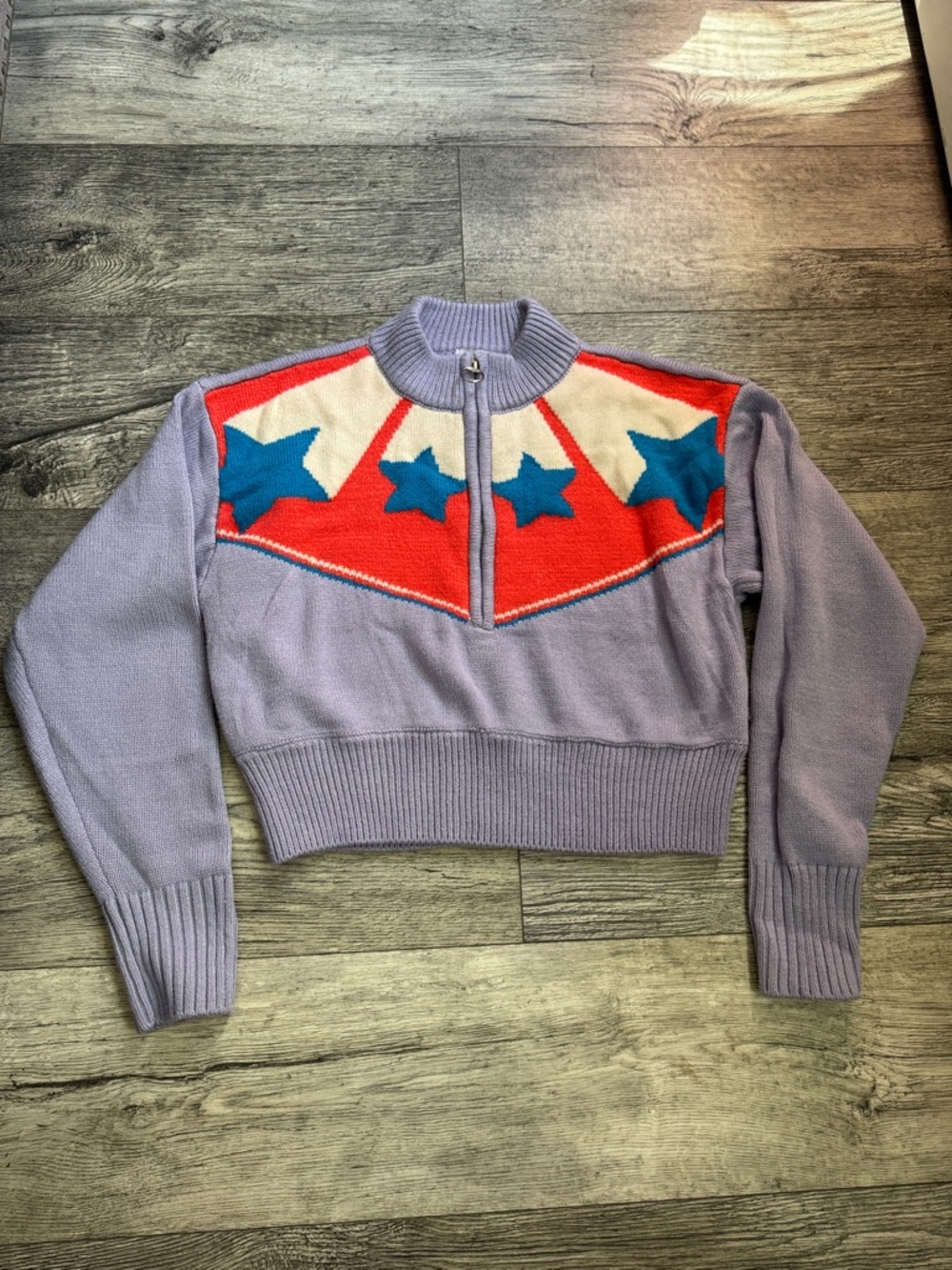 Lavender Star Zip-Up Sweater with Teal Stars